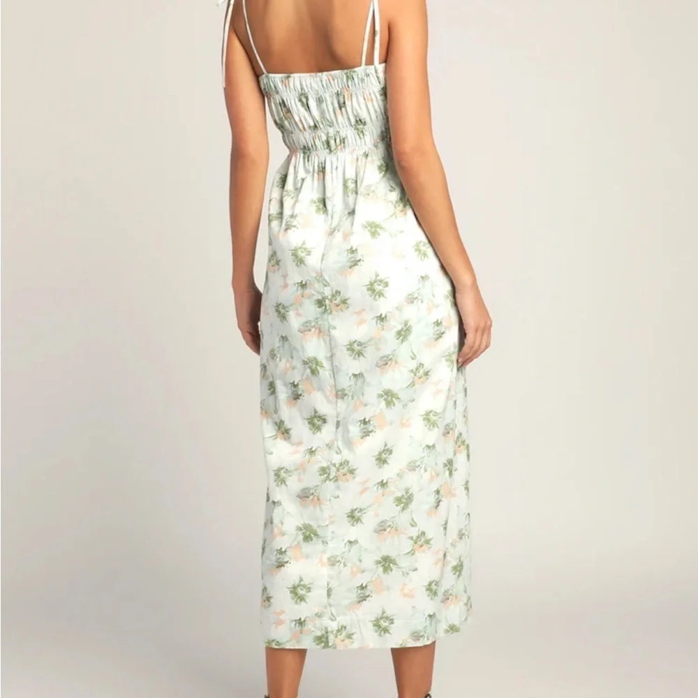 Best Bliss Green Floral Print Tie-Strap Midi Dress With Pockets